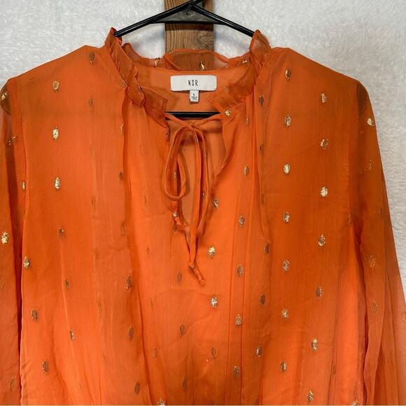 NSR Peach & Gold Metallic Dot Ruffle Long Sleeve Peasant Dress Size L - Picture 4 of 10